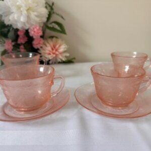 Macbeth-Evans Dogwood Pink Depression Glass‎ Teacups and Saucers Set Vintage